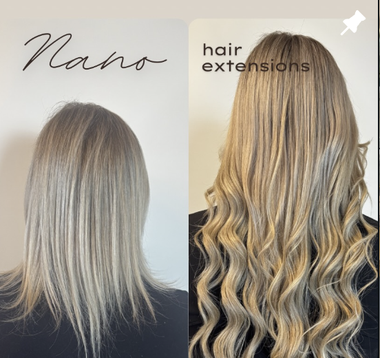 Before and after nano hair extension install, wavy blonde