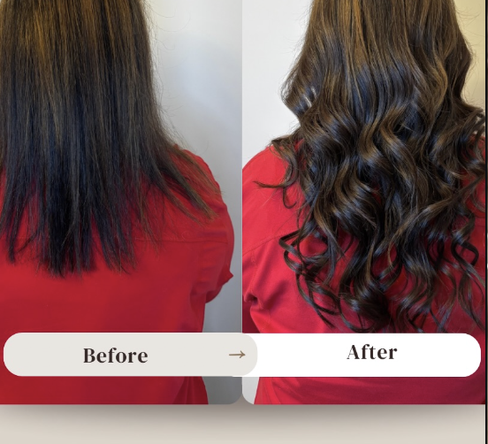 Before and after brunette nano hair extension install with curls